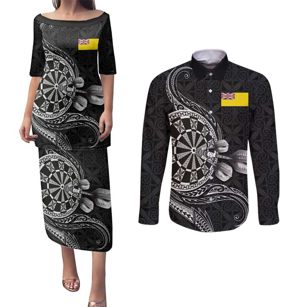 Personalised Niue Darts Masters Couples Matching Puletasi and Long Sleeve Button Shirt Tribal Hiapo Dartboard LT03 Black - Polynesian Pride