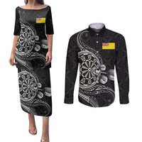 Personalised Niue Darts Masters Couples Matching Puletasi and Long Sleeve Button Shirt Tribal Hiapo Dartboard LT03 Black - Polynesian Pride