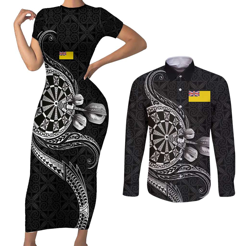 Personalised Niue Darts Masters Couples Matching Short Sleeve Bodycon Dress and Long Sleeve Button Shirt Tribal Hiapo Dartboard - Polynesian Pride