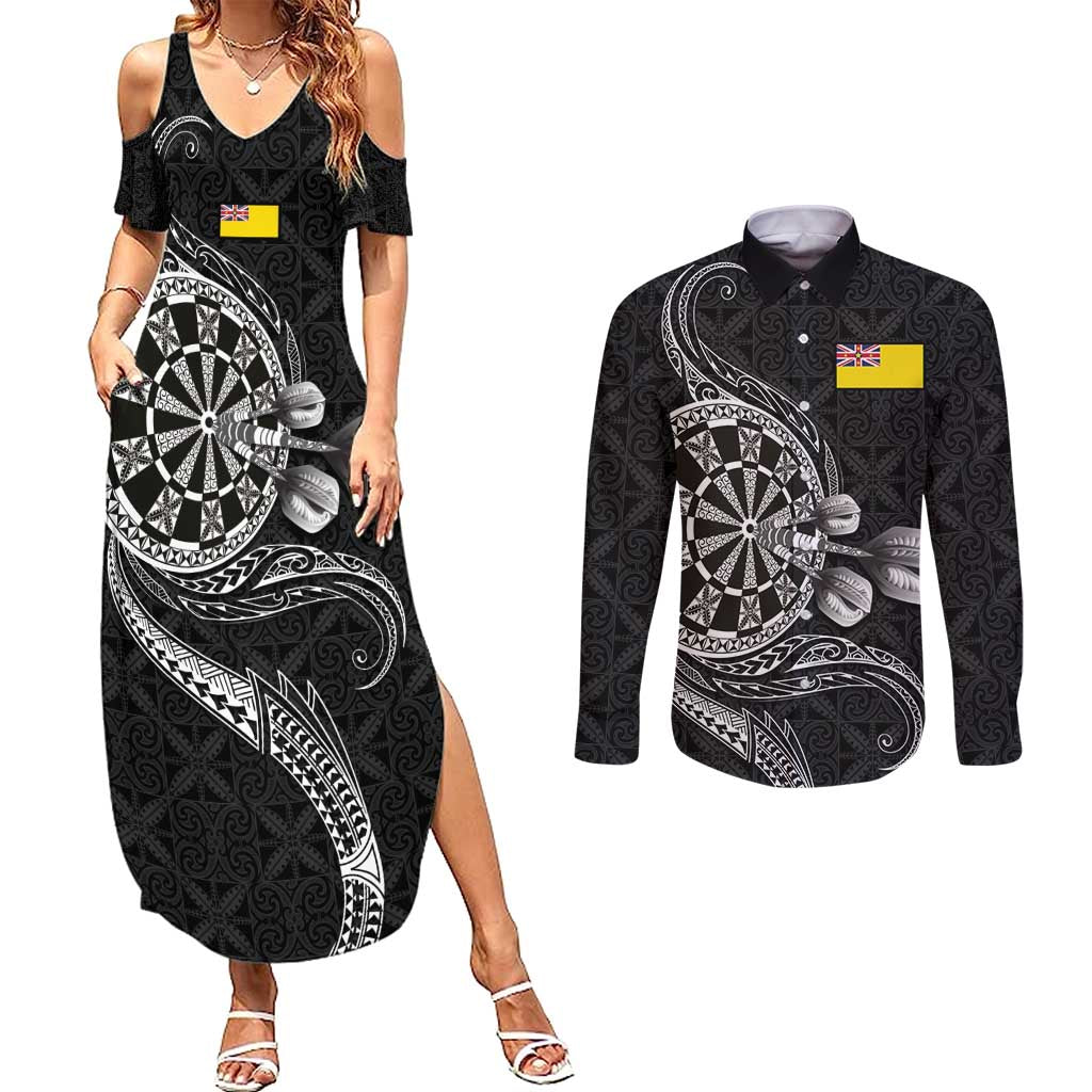 Personalised Niue Darts Masters Couples Matching Summer Maxi Dress and Long Sleeve Button Shirt Tribal Hiapo Dartboard - Polynesian Pride