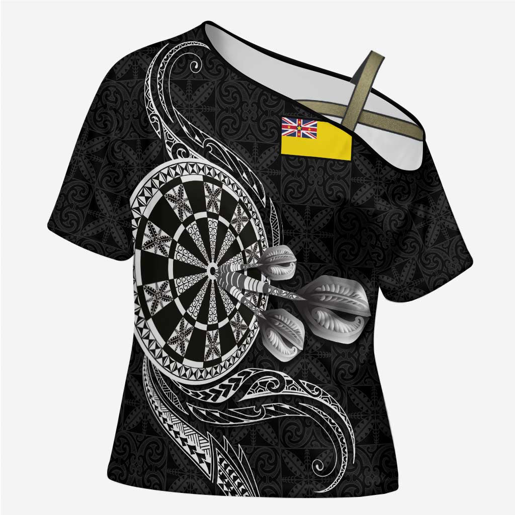 Personalised Niue Darts Masters Cross Shoulder Shirt Tribal Hiapo Dartboard LT03 Female Black - Polynesian Pride