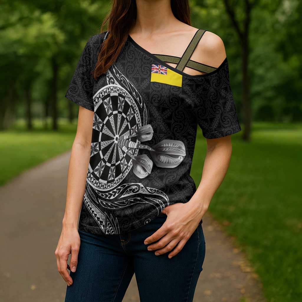 Personalised Niue Darts Masters Cross Shoulder Shirt Tribal Hiapo Dartboard LT03 - Polynesian Pride