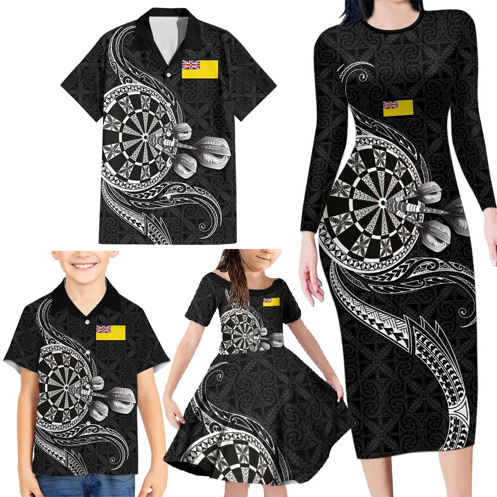 Personalised Niue Darts Masters Family Matching Long Sleeve Bodycon Dress and Hawaiian Shirt Tribal Hiapo Dartboard - Polynesian Pride