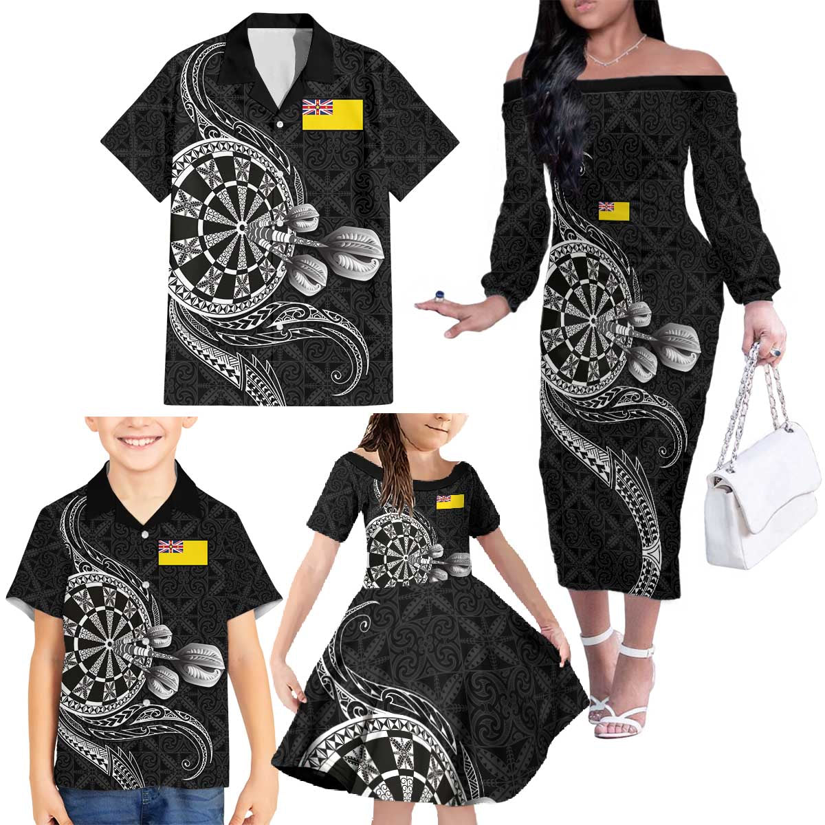 Personalised Niue Darts Masters Family Matching Off The Shoulder Long Sleeve Dress and Hawaiian Shirt Tribal Hiapo Dartboard - Polynesian Pride