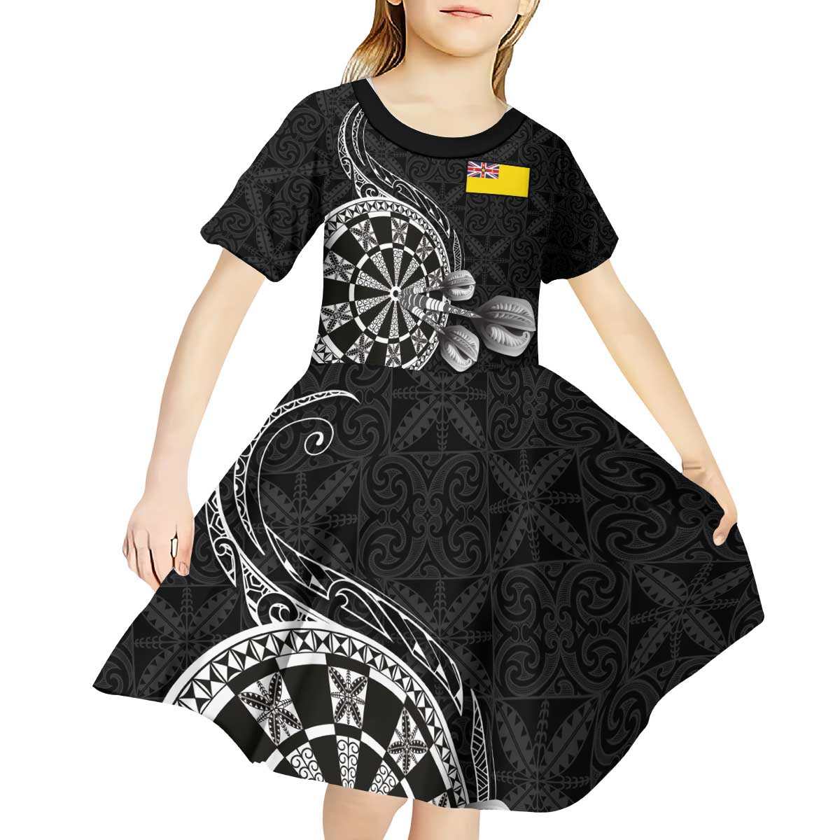 Personalised Niue Darts Masters Kid Short Sleeve Dress Tribal Hiapo Dartboard - Polynesian Pride