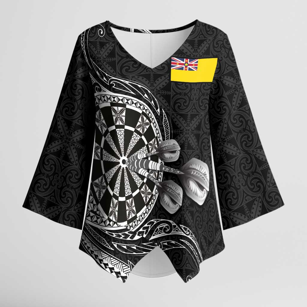 Personalised Niue Darts Masters Kimono Sleeve Blouse Tribal Hiapo Dartboard LT03 Female Black - Polynesian Pride