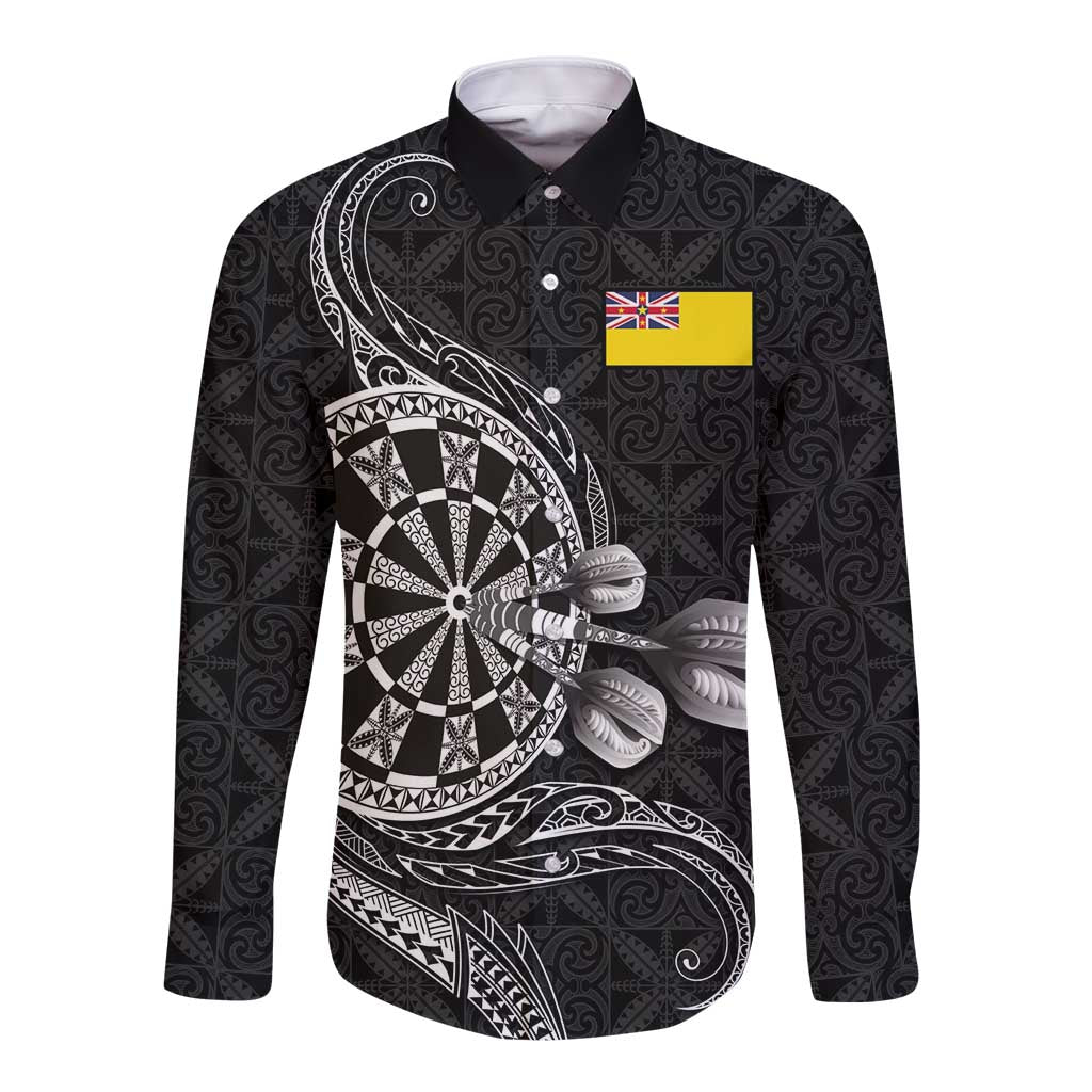Personalised Niue Darts Masters Long Sleeve Button Shirt Tribal Hiapo Dartboard LT03 Unisex Black - Polynesian Pride