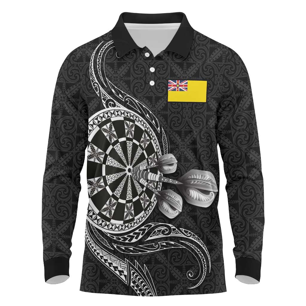 Personalised Niue Darts Masters Long Sleeve Polo Shirt Tribal Hiapo Dartboard LT03 Black - Polynesian Pride