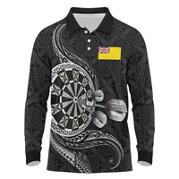 Personalised Niue Darts Masters Long Sleeve Polo Shirt Tribal Hiapo Dartboard LT03 Black - Polynesian Pride