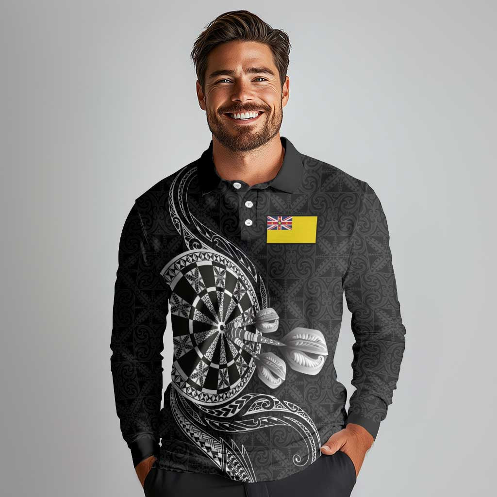Personalised Niue Darts Masters Long Sleeve Polo Shirt Tribal Hiapo Dartboard LT03 - Polynesian Pride