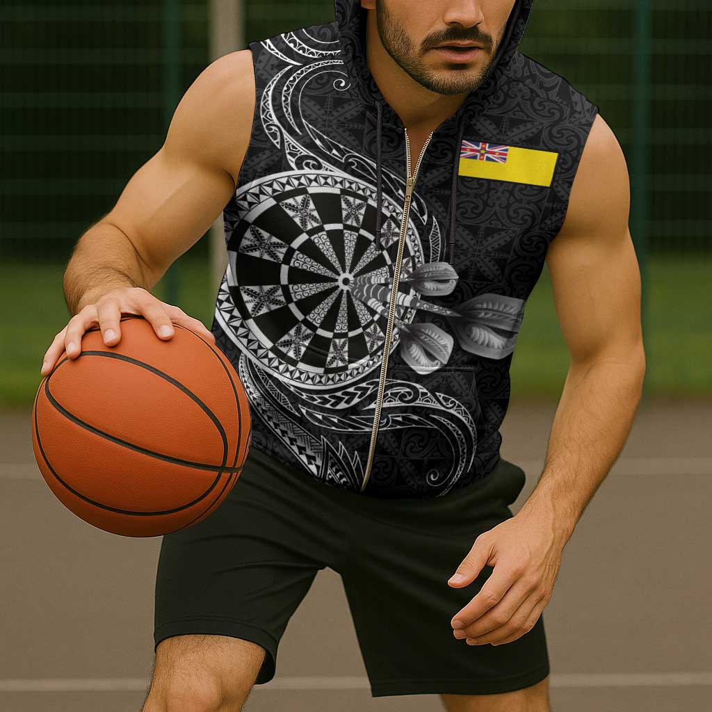 Personalised Niue Darts Masters Sleeveless Zip Hoodie Tribal Hiapo Dartboard - Polynesian Pride