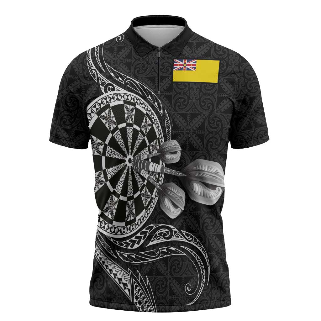 Personalised Niue Darts Masters Zipper Polo Shirt Tribal Hiapo Dartboard LT03 Black - Polynesian Pride