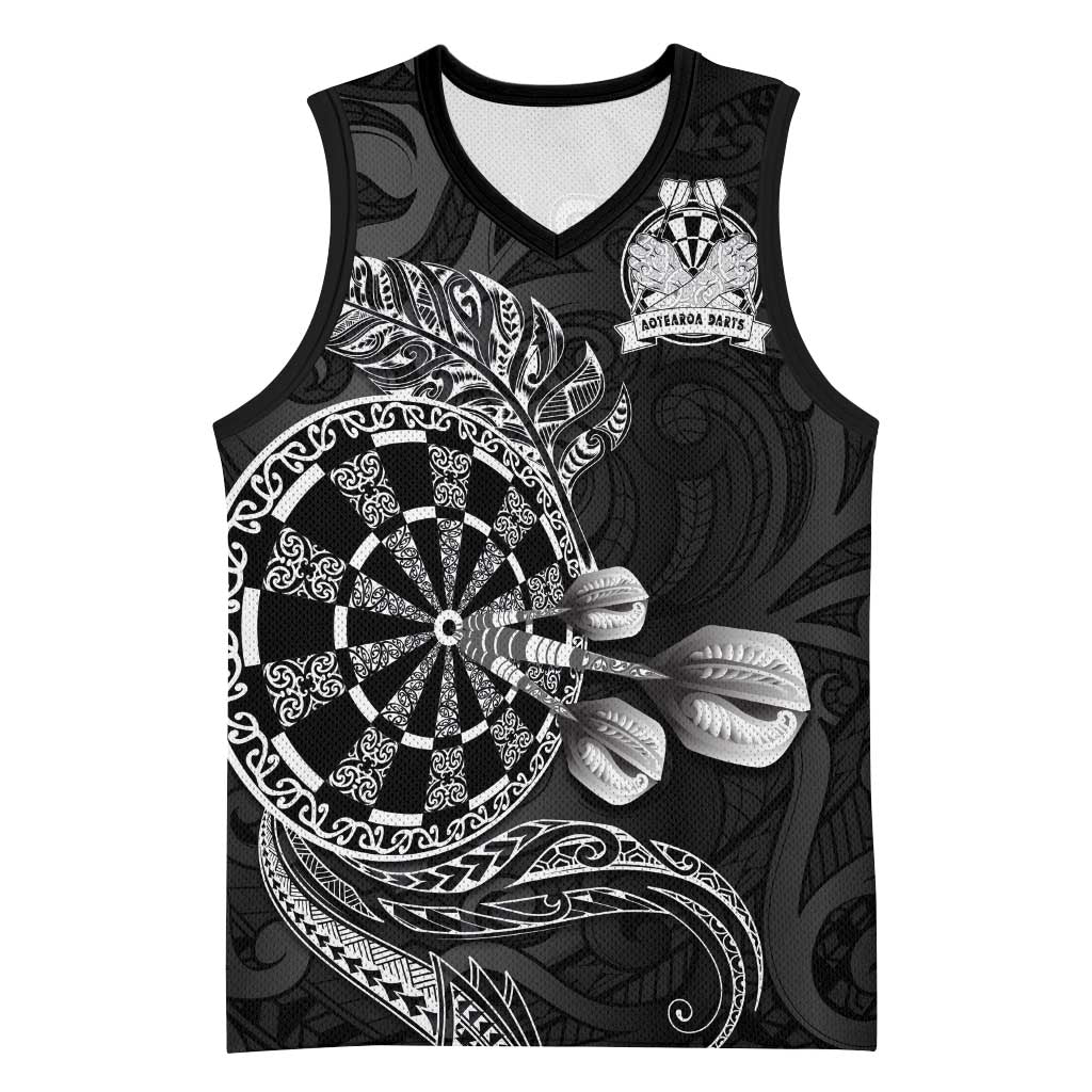 Personalised New Zealand Aotearoa Darts Masters Basketball Jersey Tribal Silver Fern and Ta Moko Dartboard - Polynesian Pride