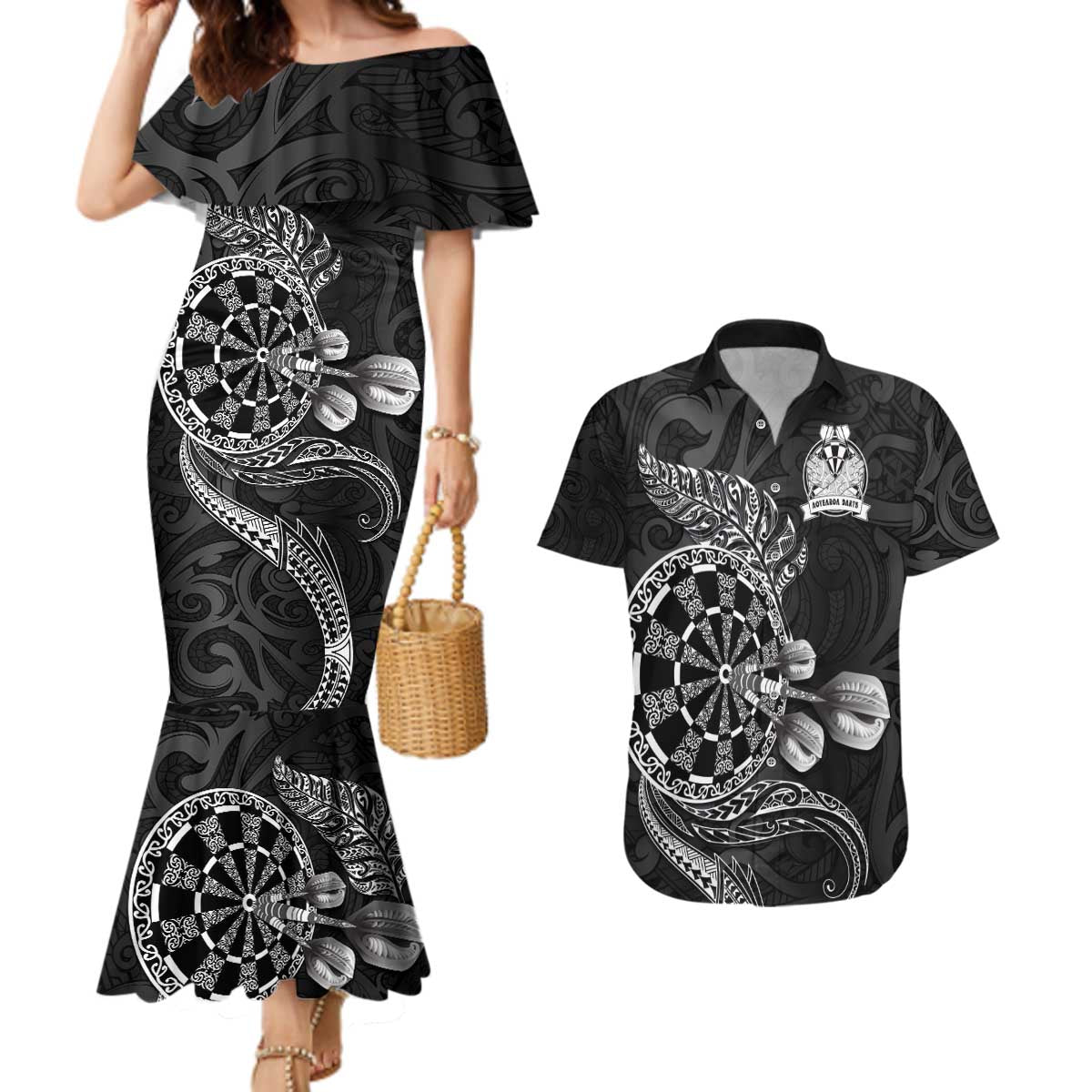Personalised New Zealand Aotearoa Darts Masters Couples Matching Mermaid Dress and Hawaiian Shirt Tribal Silver Fern and Ta Moko Dartboard - Polynesian Pride