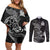 Personalised New Zealand Aotearoa Darts Masters Couples Matching Off Shoulder Short Dress and Long Sleeve Button Shirt Tribal Silver Fern and Ta Moko Dartboard - Polynesian Pride