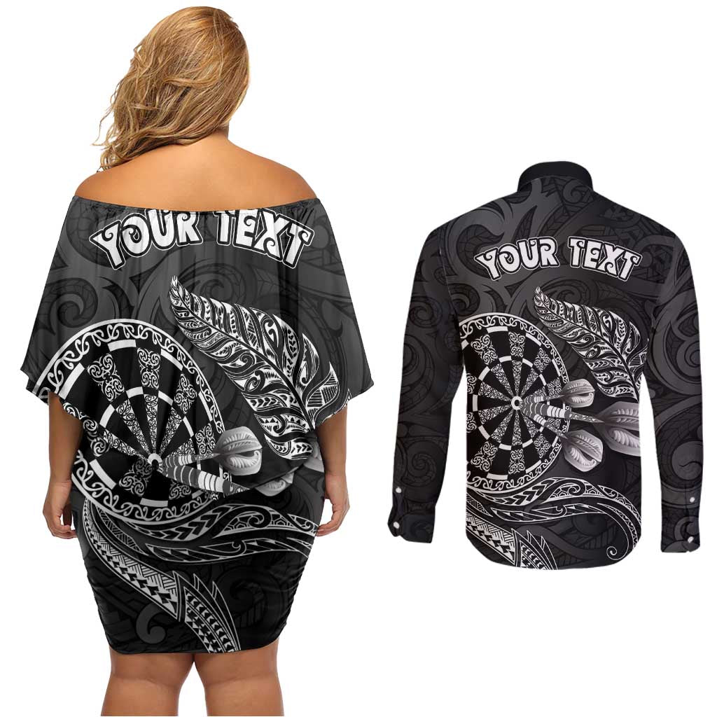 Personalised New Zealand Aotearoa Darts Masters Couples Matching Off Shoulder Short Dress and Long Sleeve Button Shirt Tribal Silver Fern and Ta Moko Dartboard - Polynesian Pride