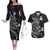 Personalised New Zealand Aotearoa Darts Masters Couples Matching Off The Shoulder Long Sleeve Dress and Hawaiian Shirt Tribal Silver Fern and Ta Moko Dartboard - Polynesian Pride