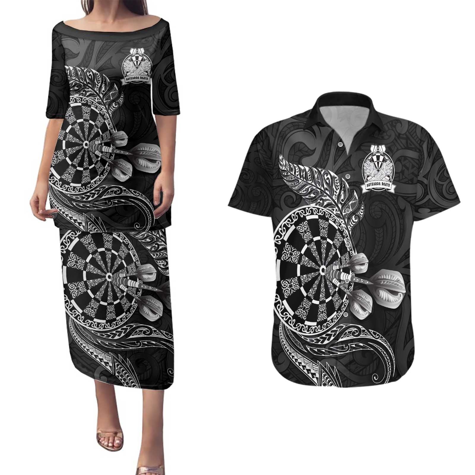 Personalised New Zealand Aotearoa Darts Masters Couples Matching Puletasi and Hawaiian Shirt Tribal Silver Fern and Ta Moko Dartboard - Polynesian Pride