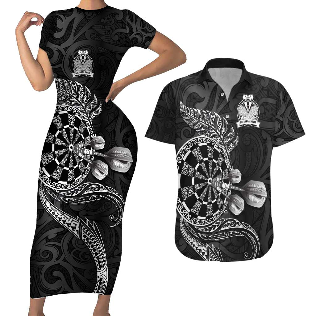 Personalised New Zealand Aotearoa Darts Masters Couples Matching Short Sleeve Bodycon Dress and Hawaiian Shirt Tribal Silver Fern and Ta Moko Dartboard - Polynesian Pride