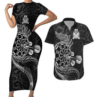 Personalised New Zealand Aotearoa Darts Masters Couples Matching Short Sleeve Bodycon Dress and Hawaiian Shirt Tribal Silver Fern and Ta Moko Dartboard - Polynesian Pride