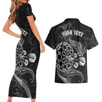 Personalised New Zealand Aotearoa Darts Masters Couples Matching Short Sleeve Bodycon Dress and Hawaiian Shirt Tribal Silver Fern and Ta Moko Dartboard - Polynesian Pride
