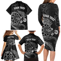 Personalised New Zealand Aotearoa Darts Masters Family Matching Long Sleeve Bodycon Dress and Hawaiian Shirt Tribal Silver Fern and Ta Moko Dartboard - Polynesian Pride