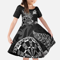 Personalised New Zealand Aotearoa Darts Masters Family Matching Off The Shoulder Long Sleeve Dress and Hawaiian Shirt Tribal Silver Fern and Ta Moko Dartboard - Polynesian Pride