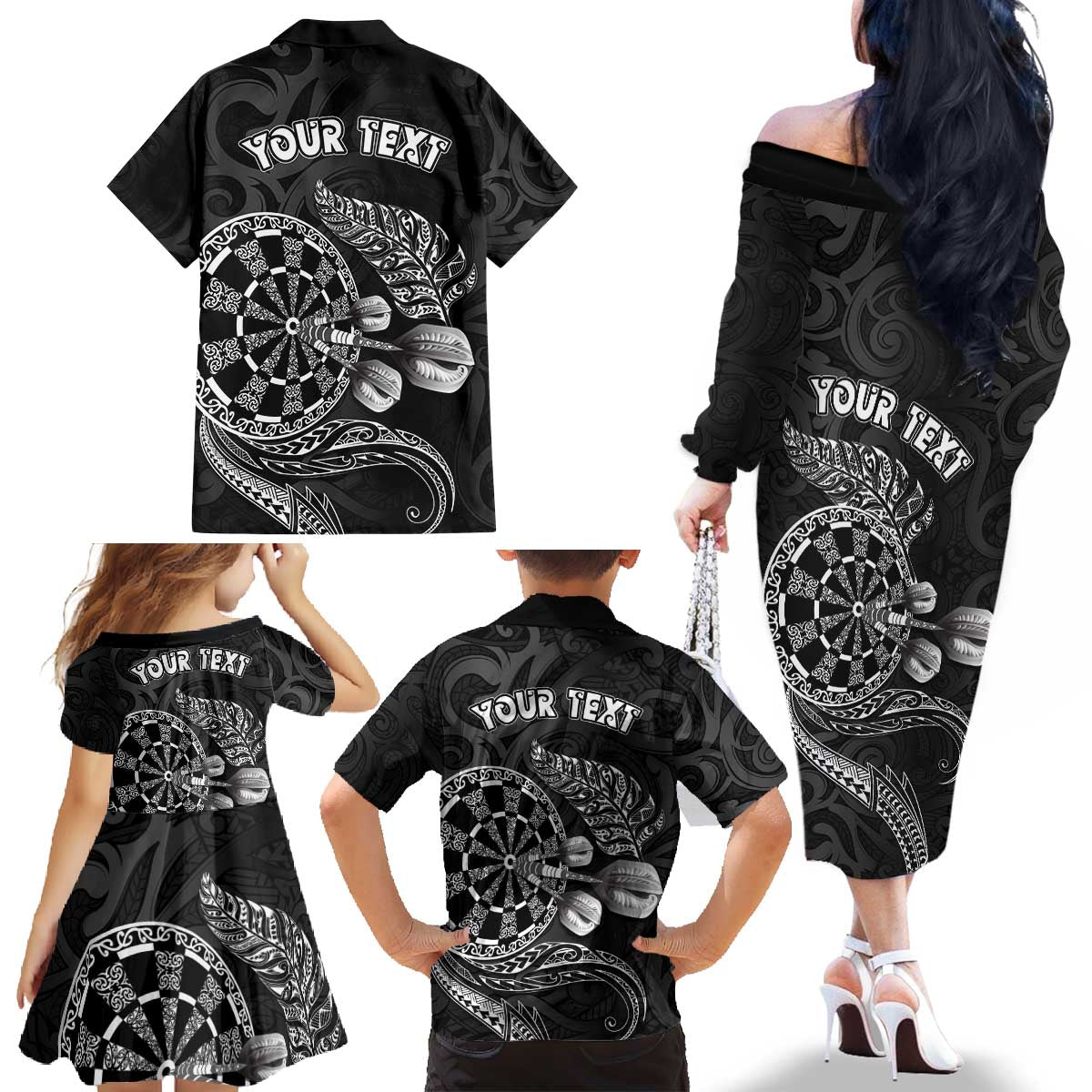 Personalised New Zealand Aotearoa Darts Masters Family Matching Off The Shoulder Long Sleeve Dress and Hawaiian Shirt Tribal Silver Fern and Ta Moko Dartboard - Polynesian Pride