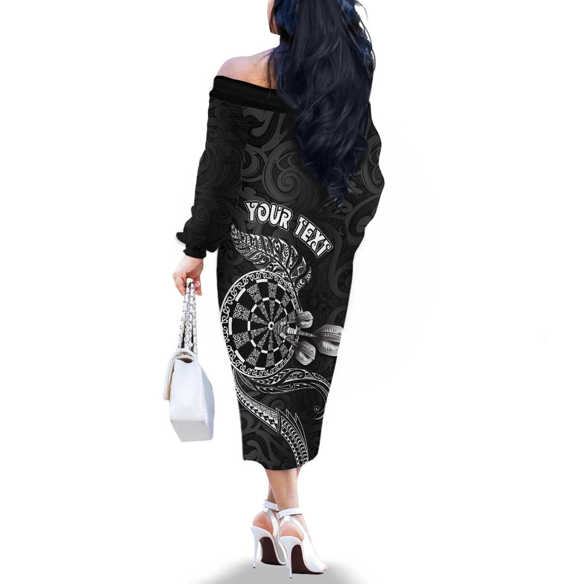 Personalised New Zealand Aotearoa Darts Masters Family Matching Off The Shoulder Long Sleeve Dress and Hawaiian Shirt Tribal Silver Fern and Ta Moko Dartboard - Polynesian Pride