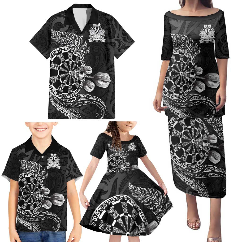 Personalised New Zealand Aotearoa Darts Masters Family Matching Puletasi and Hawaiian Shirt Tribal Silver Fern and Ta Moko Dartboard - Polynesian Pride