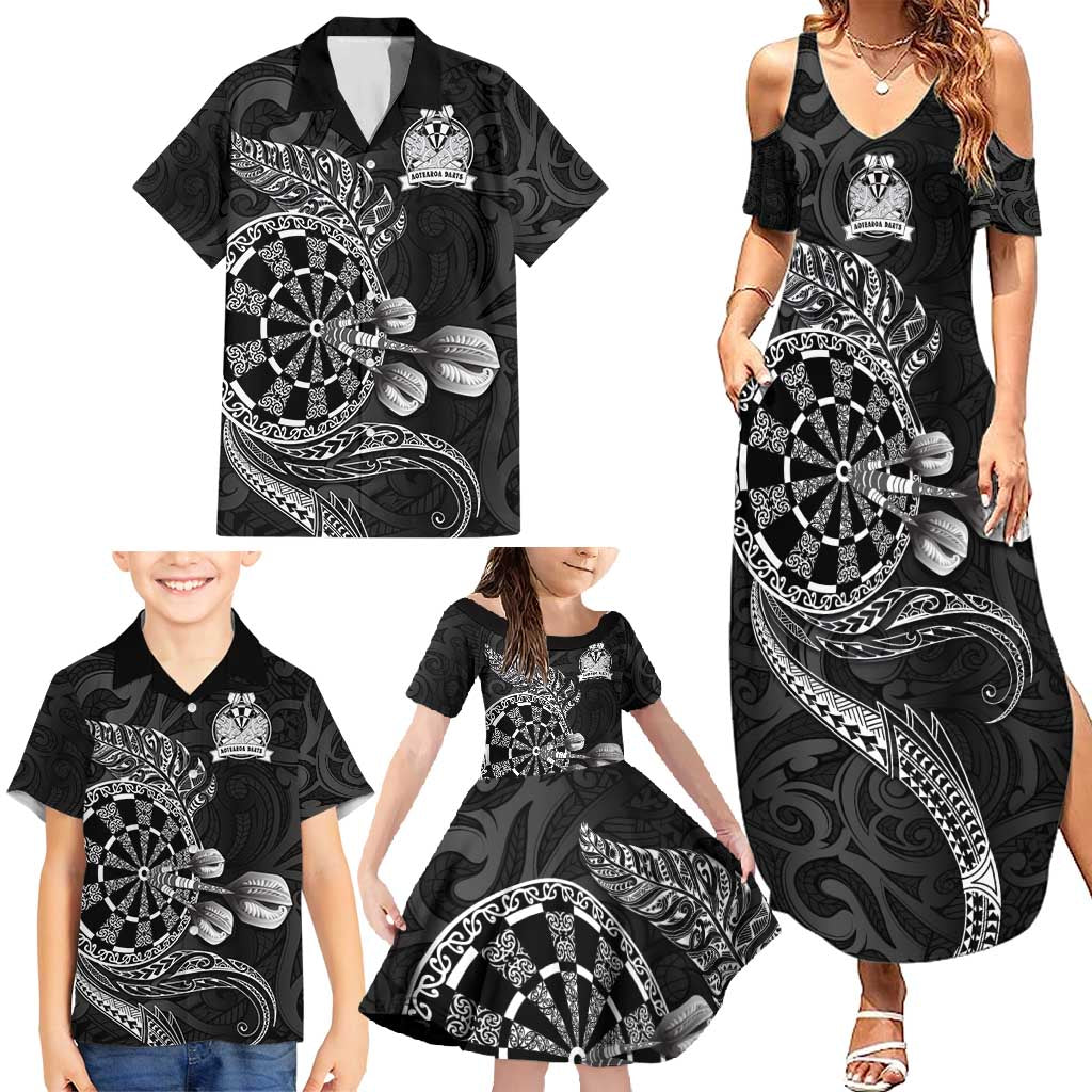 Personalised New Zealand Aotearoa Darts Masters Family Matching Summer Maxi Dress and Hawaiian Shirt Tribal Silver Fern and Ta Moko Dartboard - Polynesian Pride