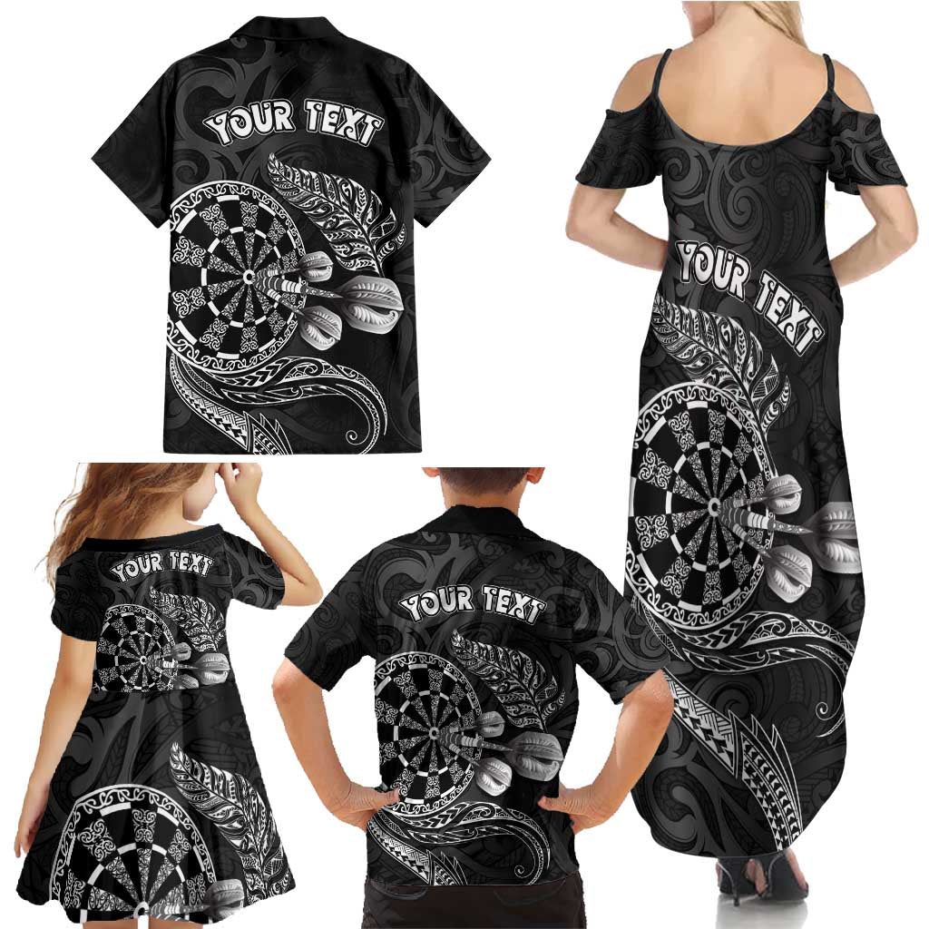 Personalised New Zealand Aotearoa Darts Masters Family Matching Summer Maxi Dress and Hawaiian Shirt Tribal Silver Fern and Ta Moko Dartboard - Polynesian Pride