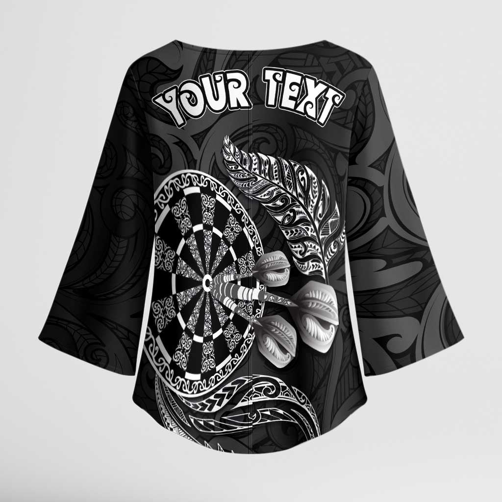 Personalised New Zealand Aotearoa Darts Masters Kimono Sleeve Blouse Tribal Silver Fern and Ta Moko Dartboard - Polynesian Pride