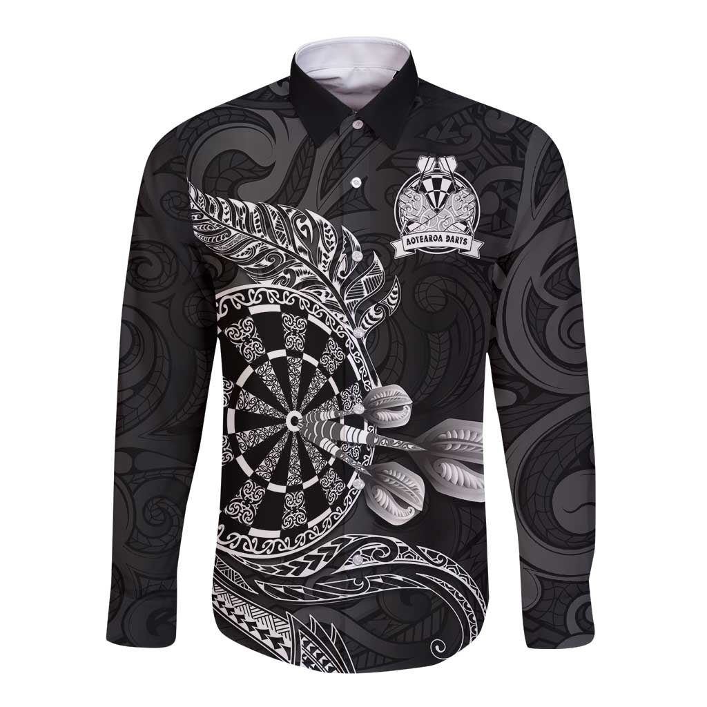 Personalised New Zealand Aotearoa Darts Masters Long Sleeve Button Shirt Tribal Silver Fern and Ta Moko Dartboard - Polynesian Pride