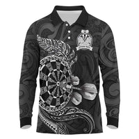Personalised New Zealand Aotearoa Darts Masters Long Sleeve Polo Shirt Tribal Silver Fern and Ta Moko Dartboard - Polynesian Pride