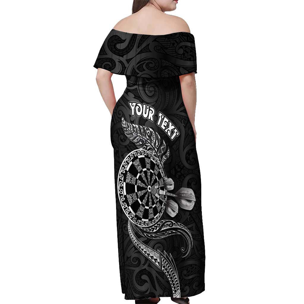 Personalised New Zealand Aotearoa Darts Masters Off Shoulder Maxi Dress Tribal Silver Fern and Ta Moko Dartboard - Polynesian Pride