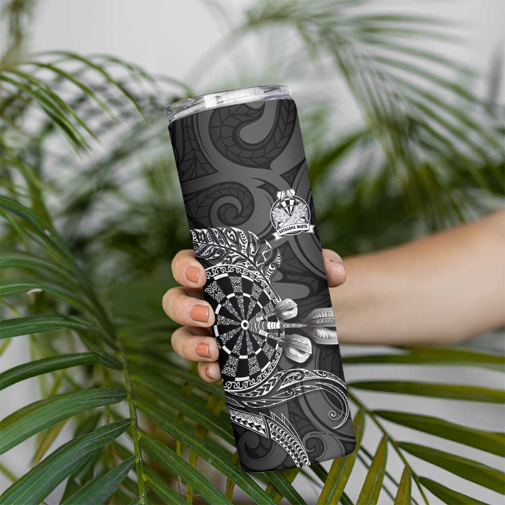 Personalised New Zealand Aotearoa Darts Masters Skinny Tumbler Tribal Silver Fern and Ta Moko Dartboard - Polynesian Pride