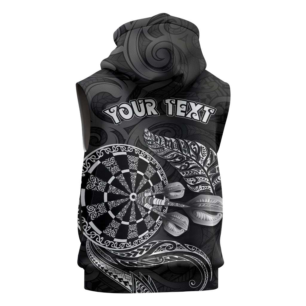 Personalised New Zealand Aotearoa Darts Masters Sleeveless Hoodie Tribal Silver Fern and Ta Moko Dartboard - Polynesian Pride