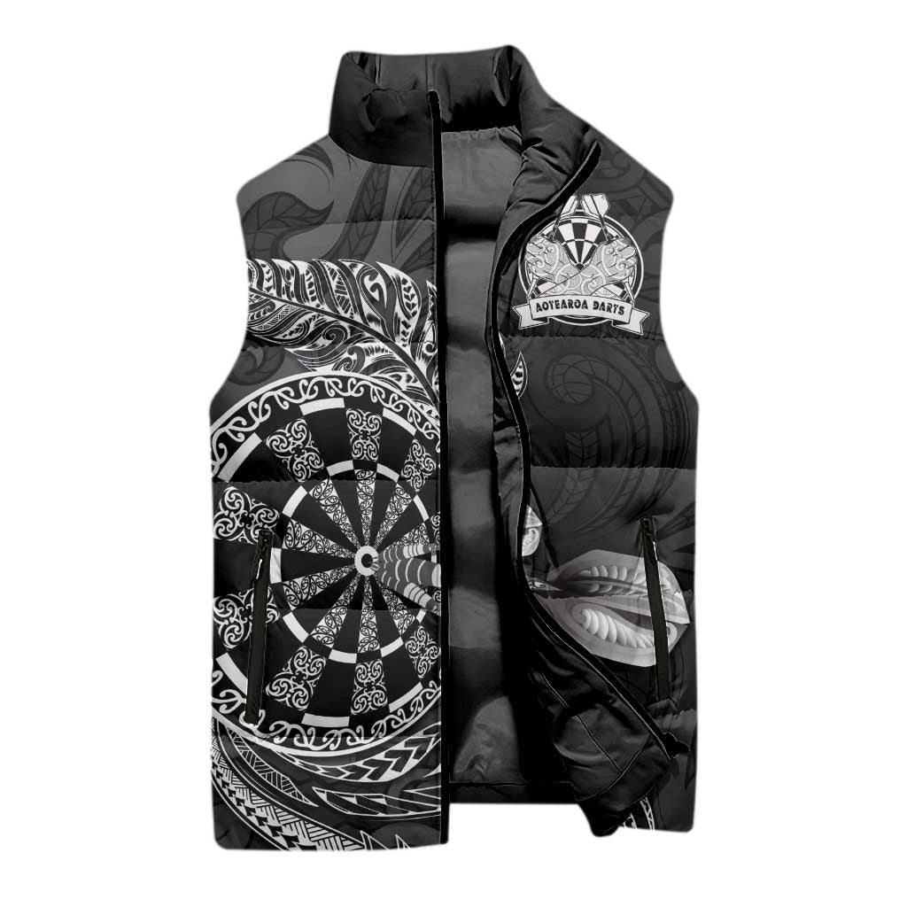 Personalised New Zealand Aotearoa Darts Masters Sleeveless Puffer Jacket Tribal Silver Fern and Ta Moko Dartboard - Polynesian Pride