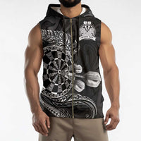Personalised New Zealand Aotearoa Darts Masters Sleeveless Zip Hoodie Tribal Silver Fern and Ta Moko Dartboard - Polynesian Pride