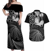 Personalised New Zealand Aotearoa Darts Masters Couples Matching Off Shoulder Maxi Dress and Hawaiian Shirt Silver Fern and Maori Spirit - Polynesian Pride