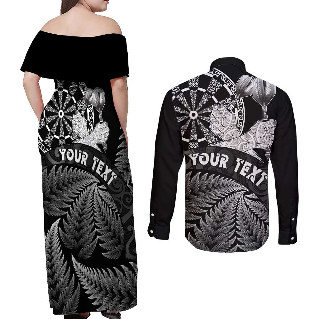Personalised New Zealand Aotearoa Darts Masters Couples Matching Off Shoulder Maxi Dress and Long Sleeve Button Shirt Silver Fern and Maori Spirit - Polynesian Pride