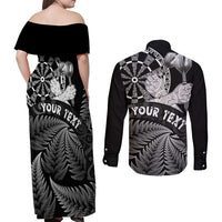 Personalised New Zealand Aotearoa Darts Masters Couples Matching Off Shoulder Maxi Dress and Long Sleeve Button Shirt Silver Fern and Maori Spirit - Polynesian Pride