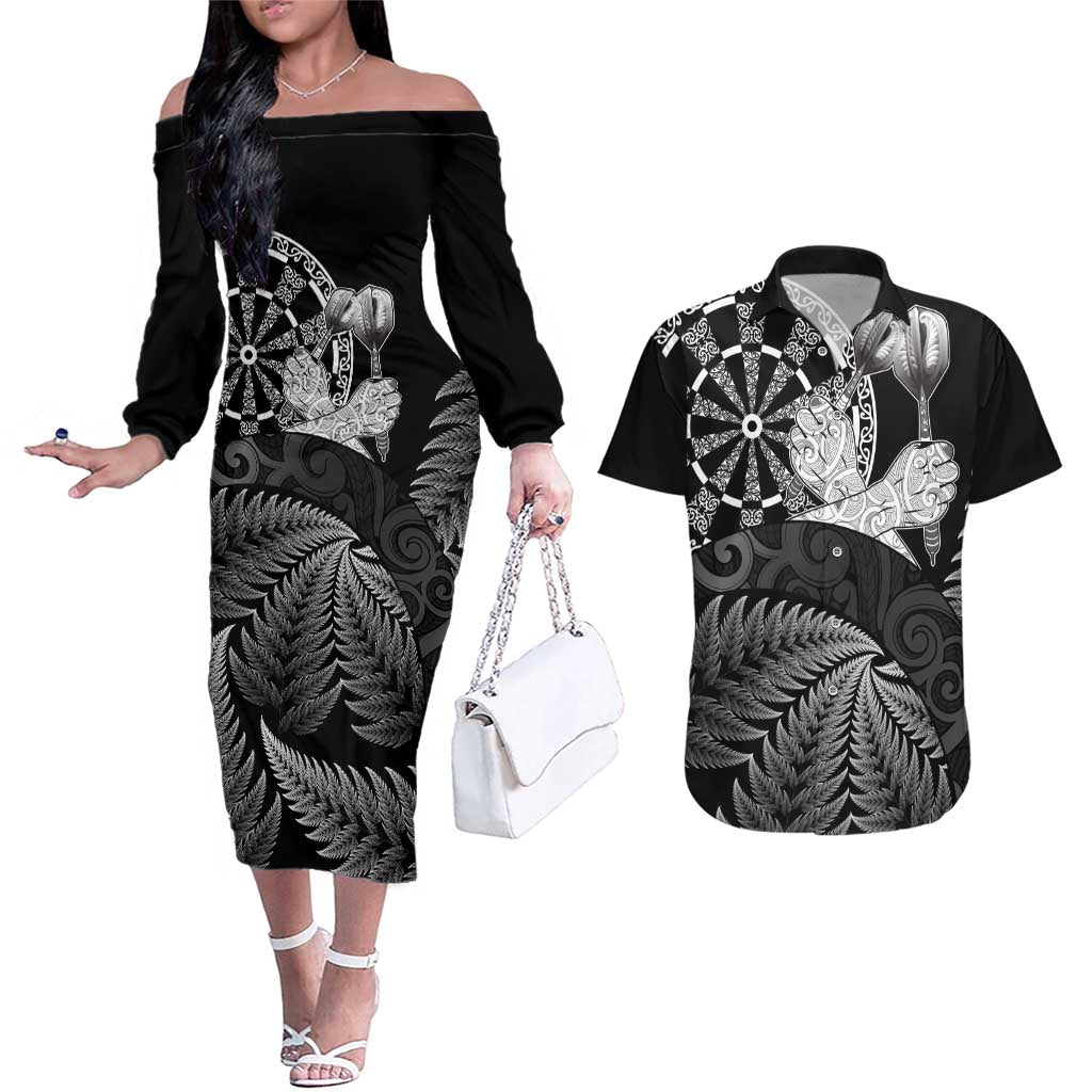 Personalised New Zealand Aotearoa Darts Masters Couples Matching Off The Shoulder Long Sleeve Dress and Hawaiian Shirt Silver Fern and Maori Spirit - Polynesian Pride