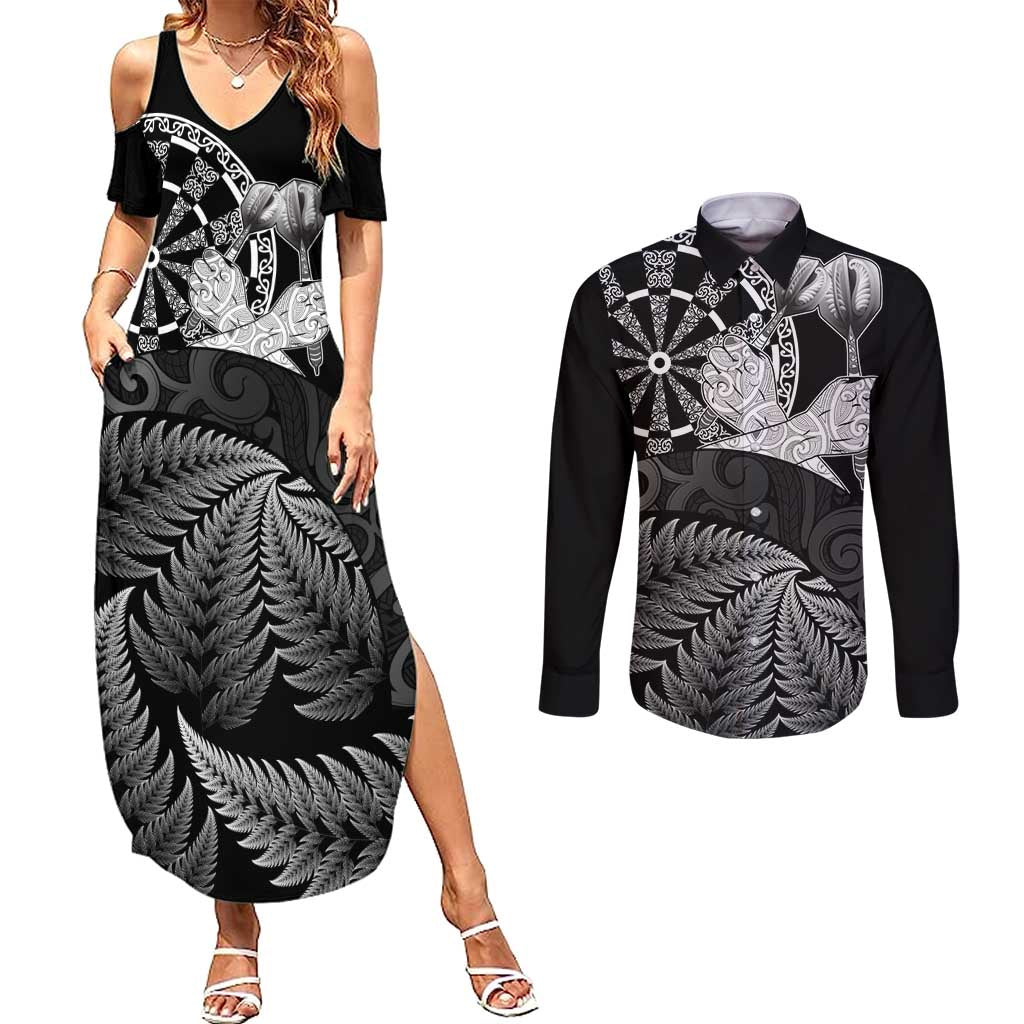 Personalised New Zealand Aotearoa Darts Masters Couples Matching Summer Maxi Dress and Long Sleeve Button Shirt Silver Fern and Maori Spirit - Polynesian Pride