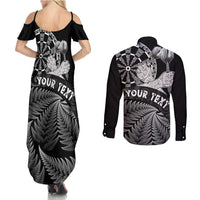 Personalised New Zealand Aotearoa Darts Masters Couples Matching Summer Maxi Dress and Long Sleeve Button Shirt Silver Fern and Maori Spirit - Polynesian Pride