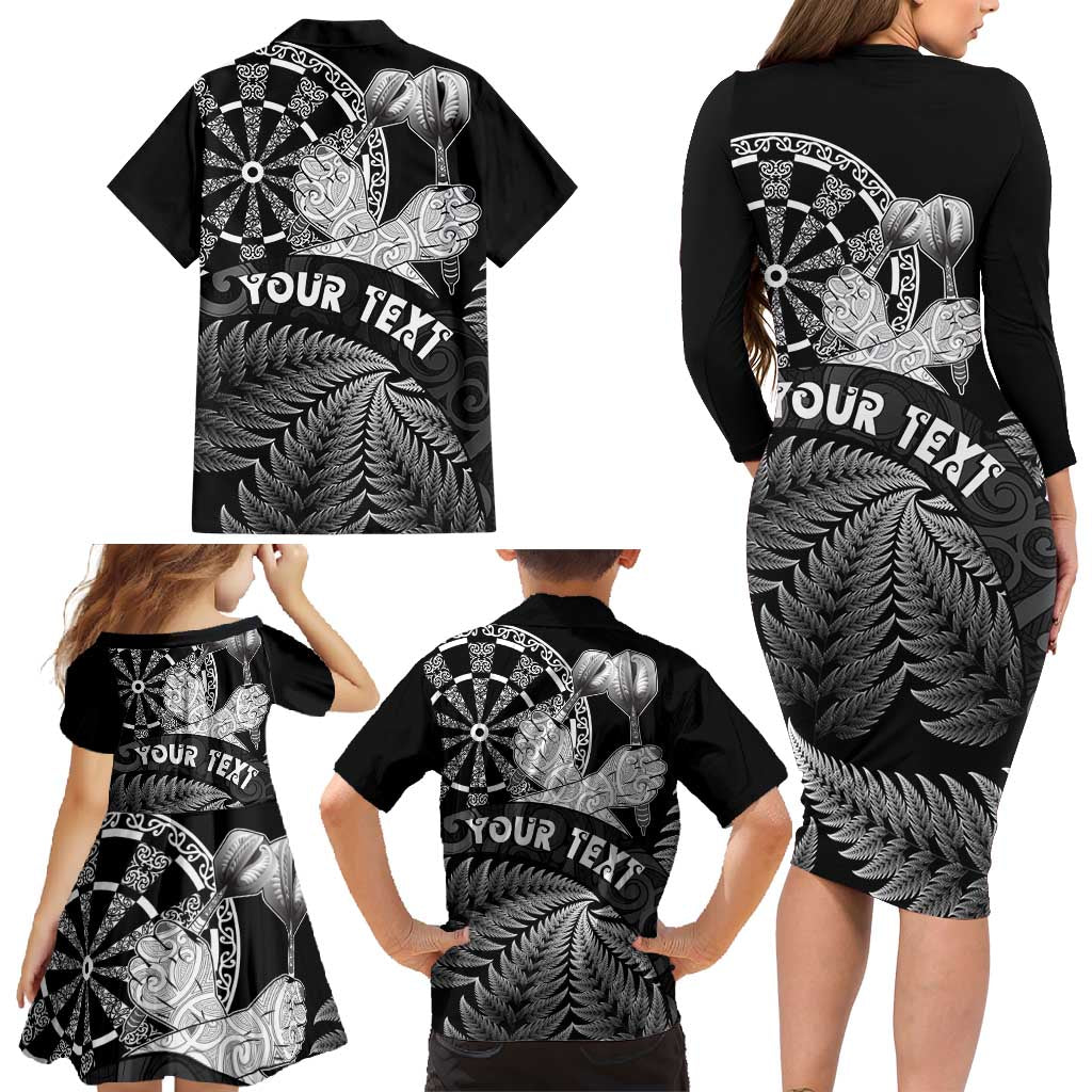 Personalised New Zealand Aotearoa Darts Masters Family Matching Long Sleeve Bodycon Dress and Hawaiian Shirt Silver Fern and Maori Spirit - Polynesian Pride