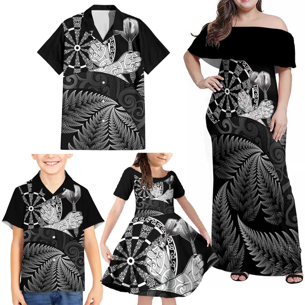 Personalised New Zealand Aotearoa Darts Masters Family Matching Off Shoulder Maxi Dress and Hawaiian Shirt Silver Fern and Maori Spirit - Polynesian Pride