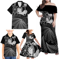 Personalised New Zealand Aotearoa Darts Masters Family Matching Off Shoulder Maxi Dress and Hawaiian Shirt Silver Fern and Maori Spirit - Polynesian Pride