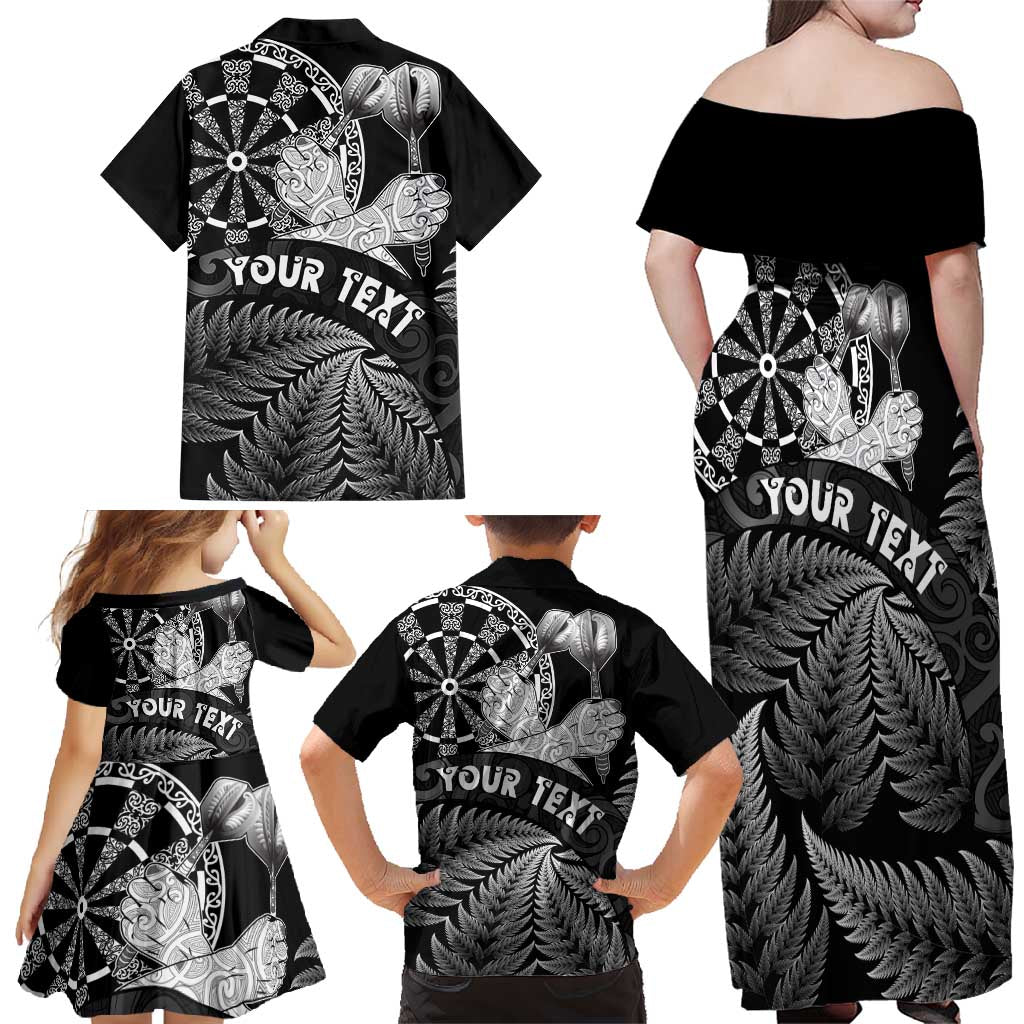Personalised New Zealand Aotearoa Darts Masters Family Matching Off Shoulder Maxi Dress and Hawaiian Shirt Silver Fern and Maori Spirit - Polynesian Pride